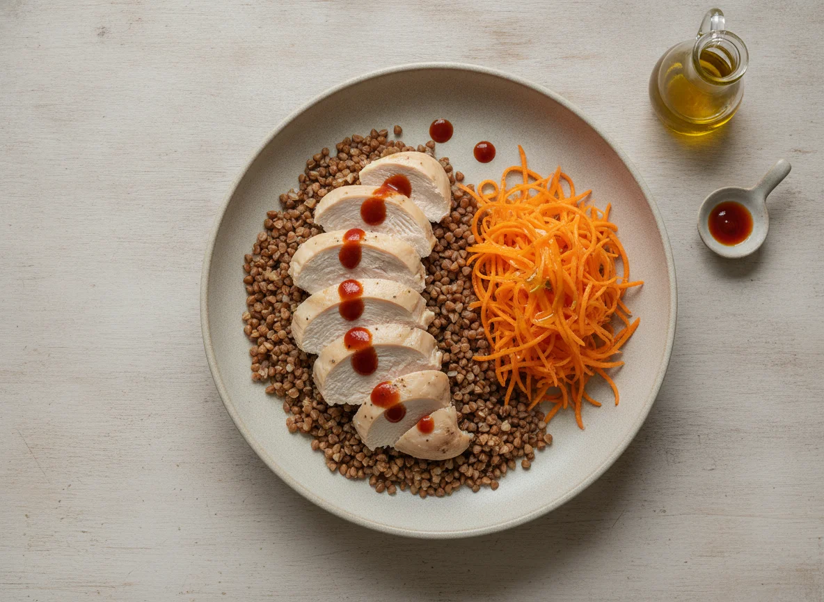 Pechuga de pollo con trigo sarraceno y ensalada de zanahoria photo