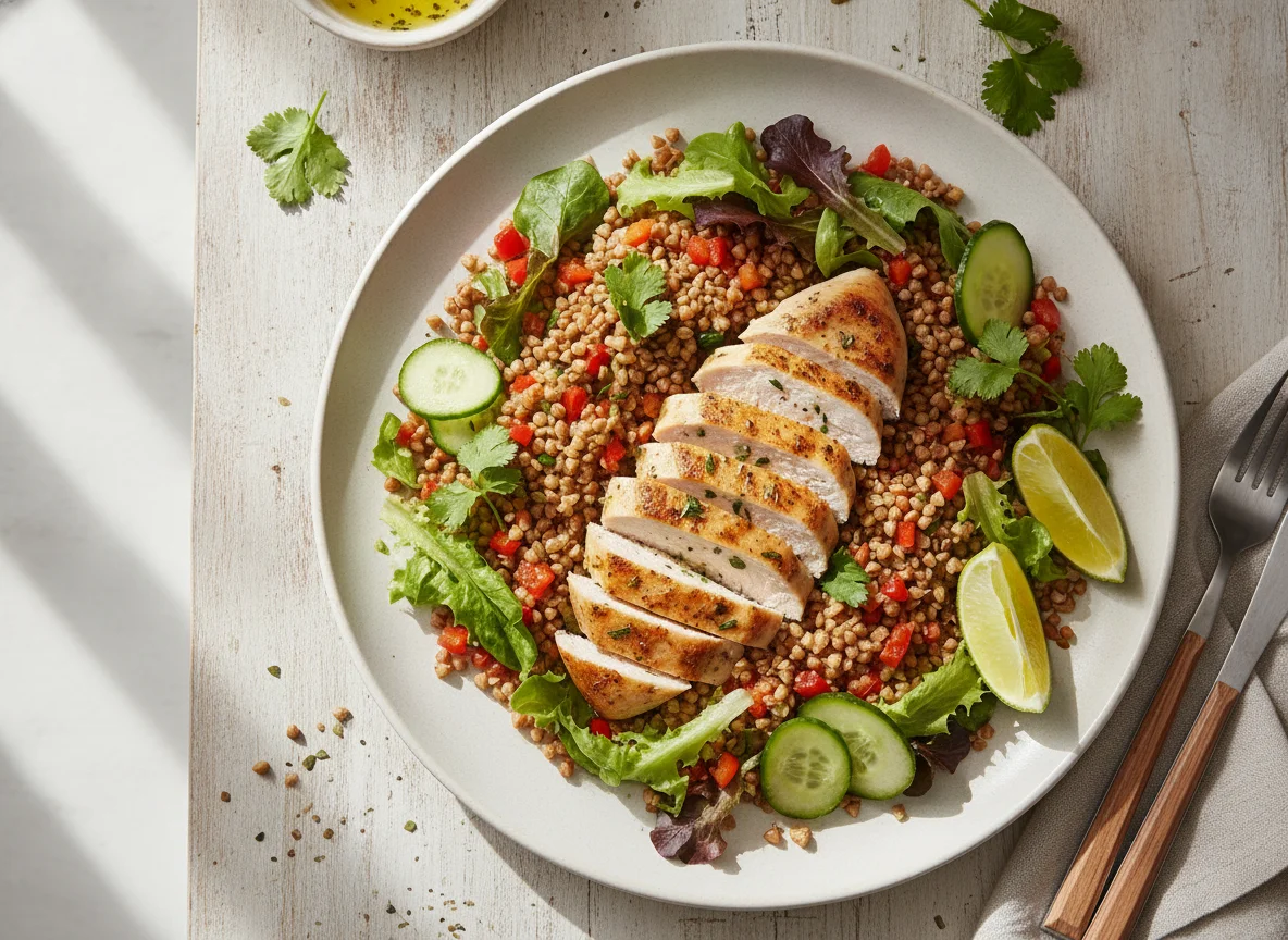 Pechuga de pollo con trigo sarraceno y vegetales photo