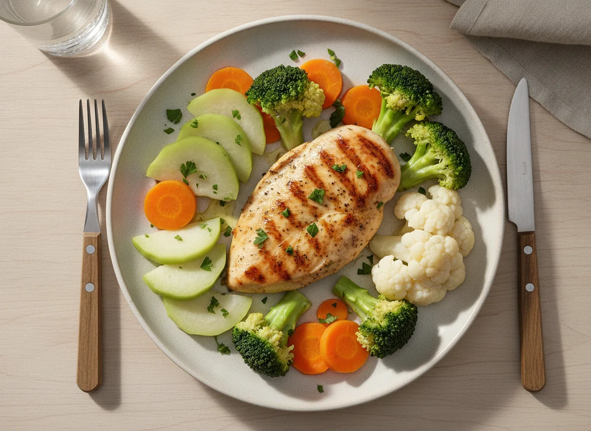 Pechuga de pollo con vegetales al vapor photo