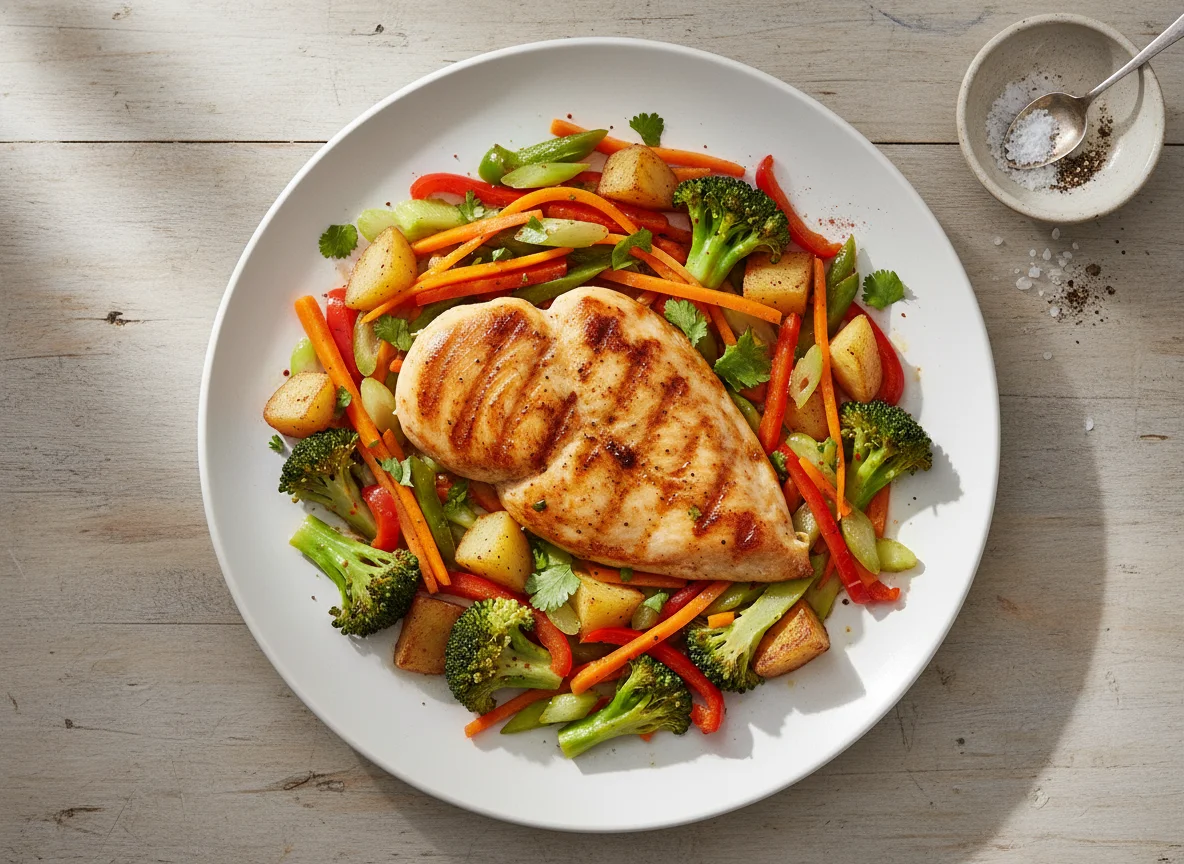 Pechuga de pollo con vegetales salteados photo