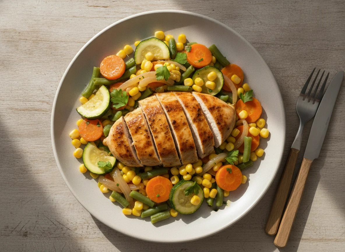 Pechuga de pollo con vegetales salteados y choclo photo