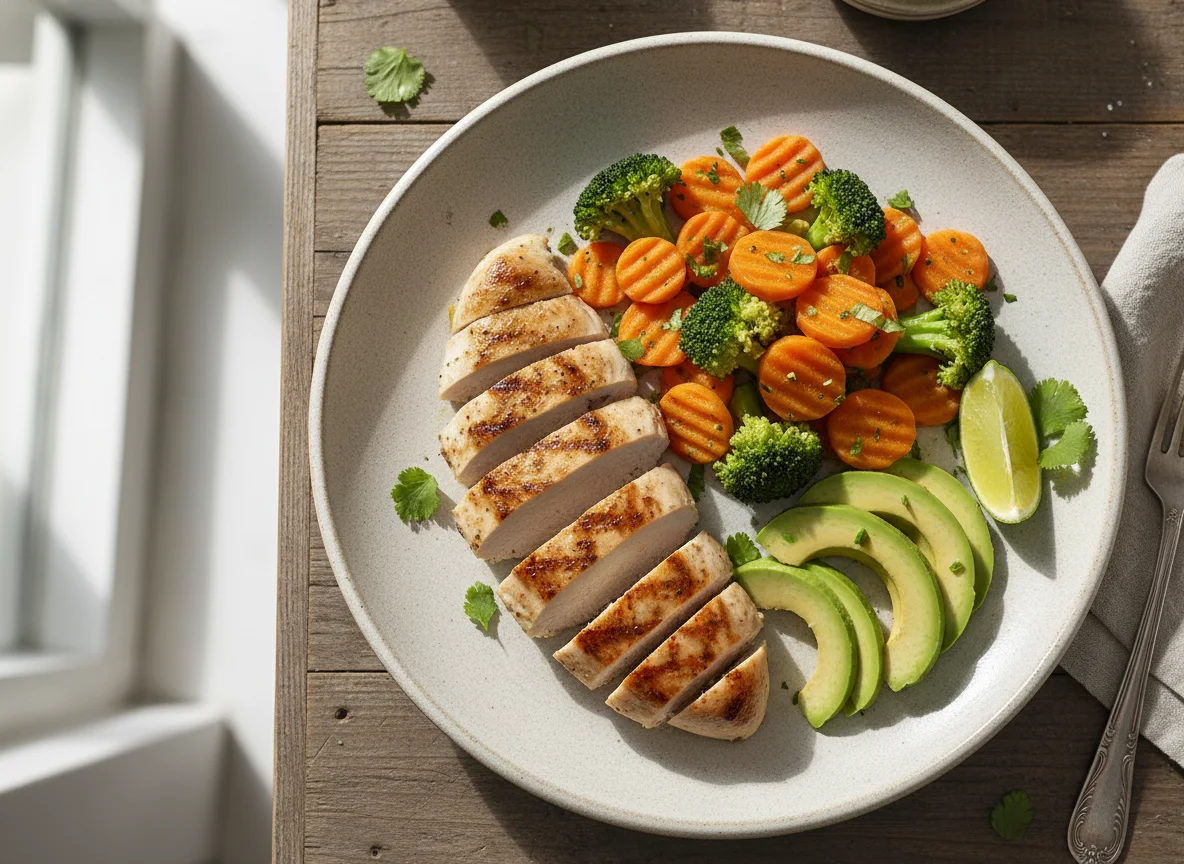 Pechuga de pollo con vegetales y aguacate photo