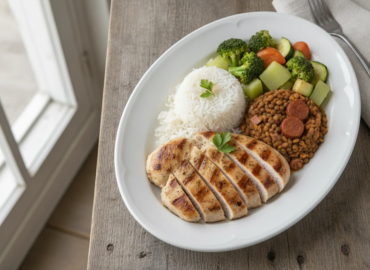 Pechuga de pollo con vegetales y arroz photo