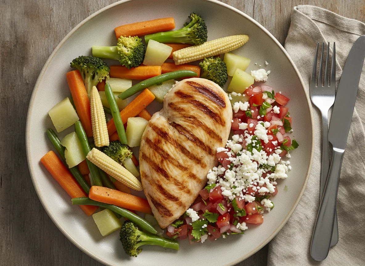 Pechuga de pollo con vegetales y ensalada photo