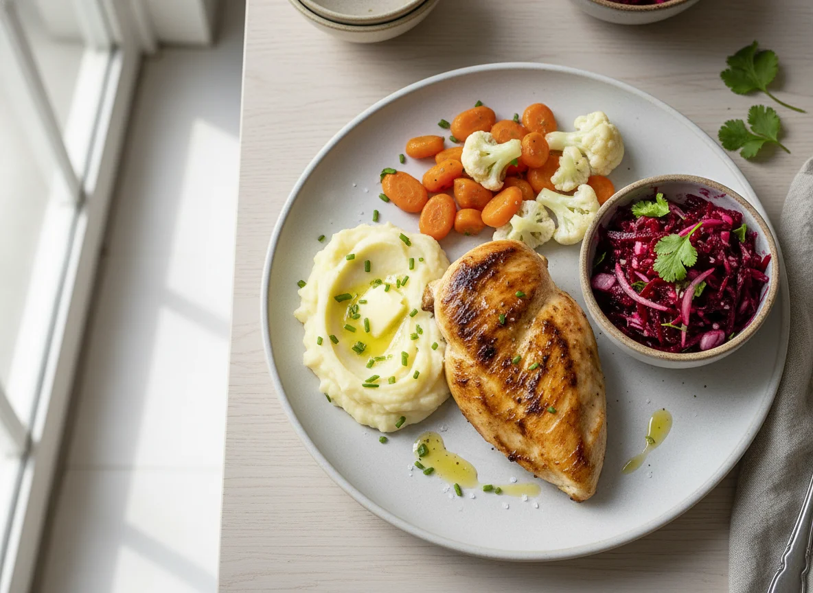 Pechuga de pollo con vegetales y ensalada de betabel photo