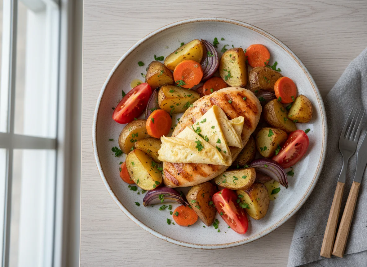 Pechuga de pollo con vegetales y papas photo