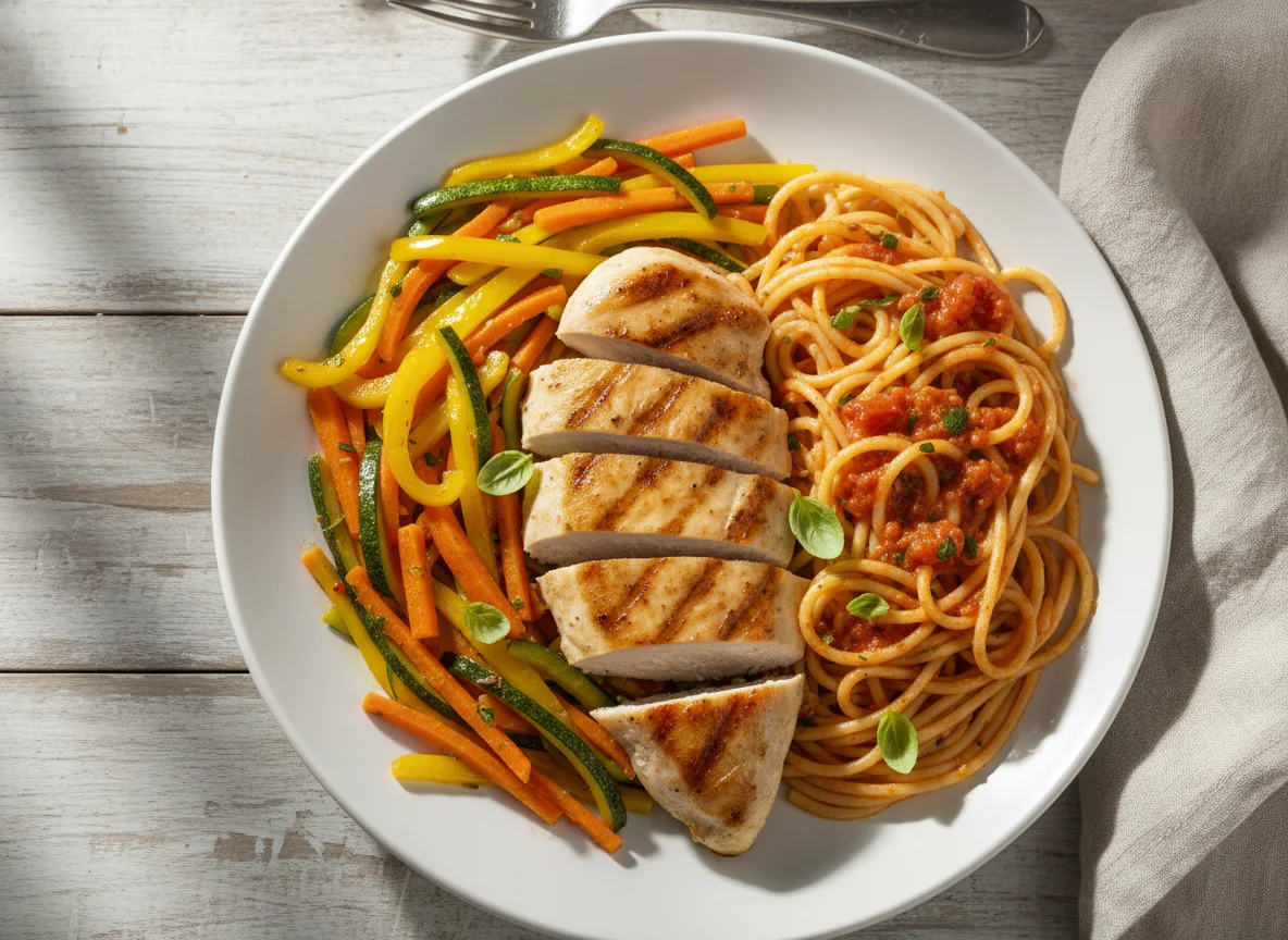 Pechuga de pollo con vegetales y pasta photo