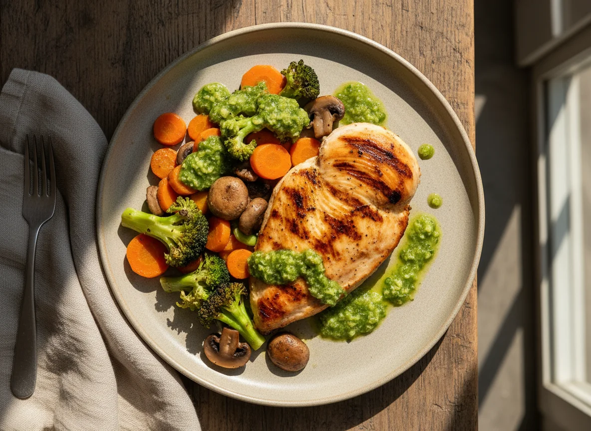 Pechuga de pollo con vegetales y salsa verde photo