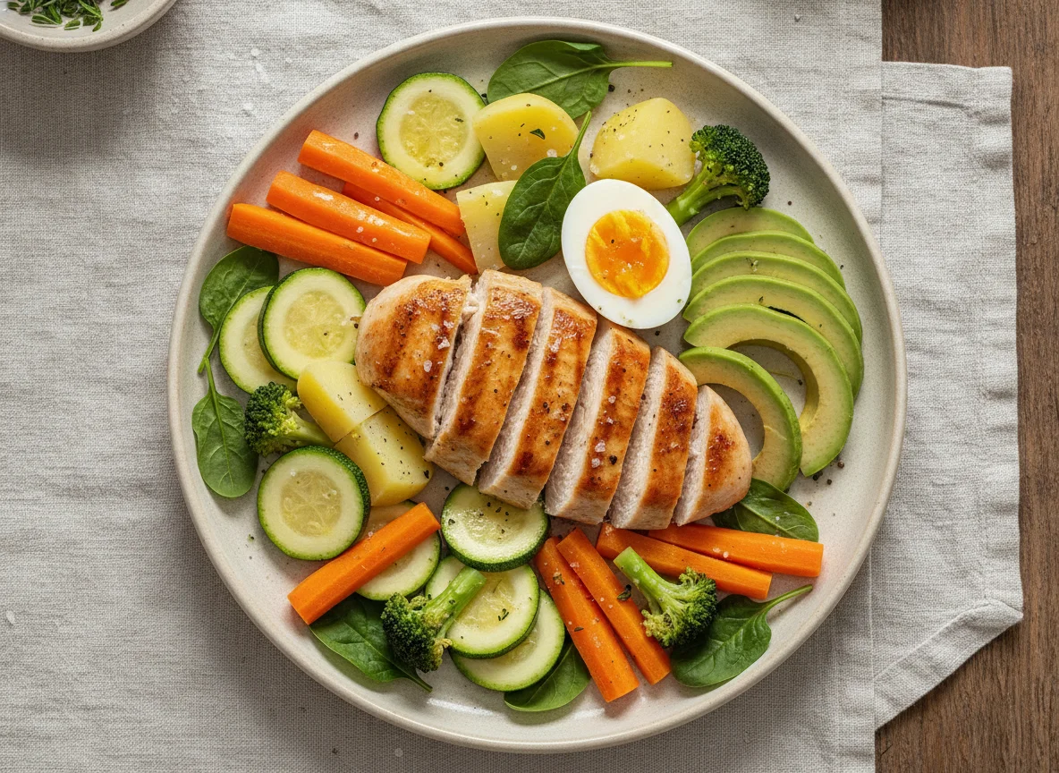 Pechuga de pollo con verduras al vapor, huevo y aguacate photo