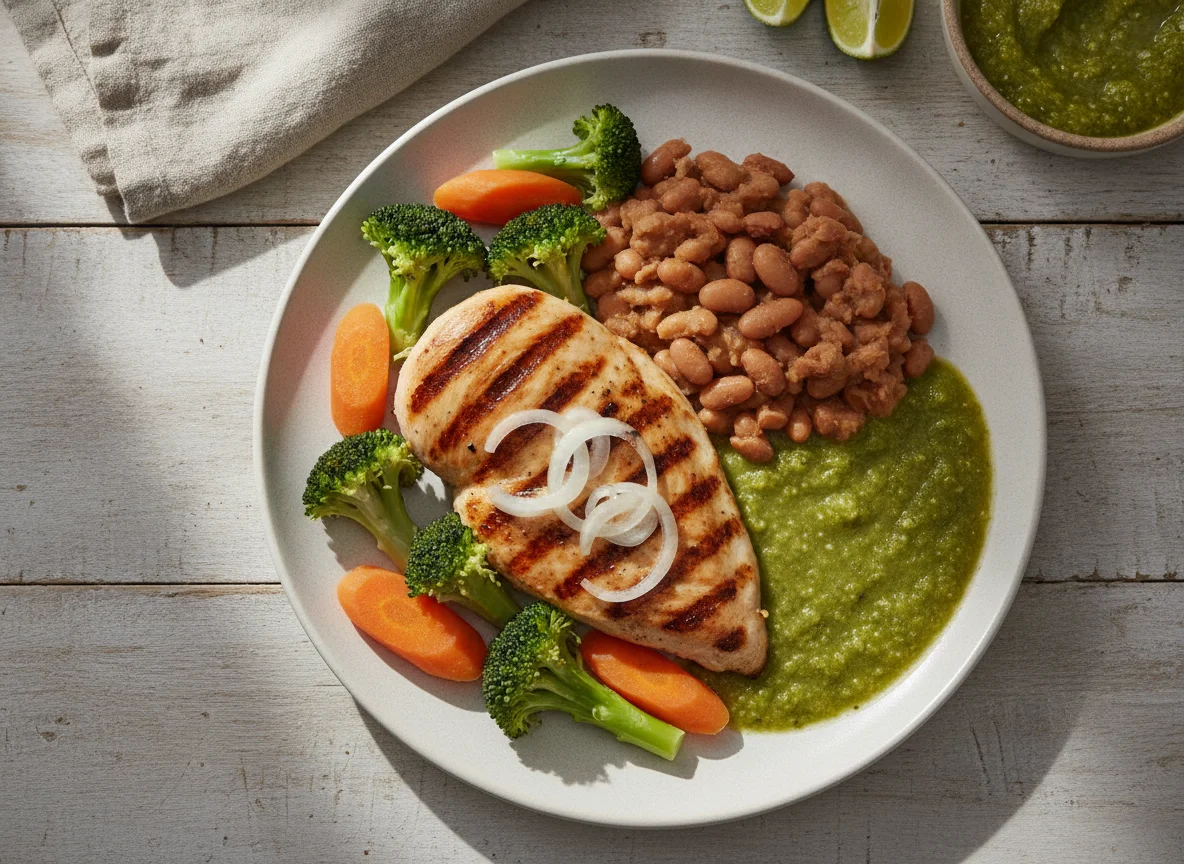 Pechuga de pollo con verduras, frijoles y salsa verde photo