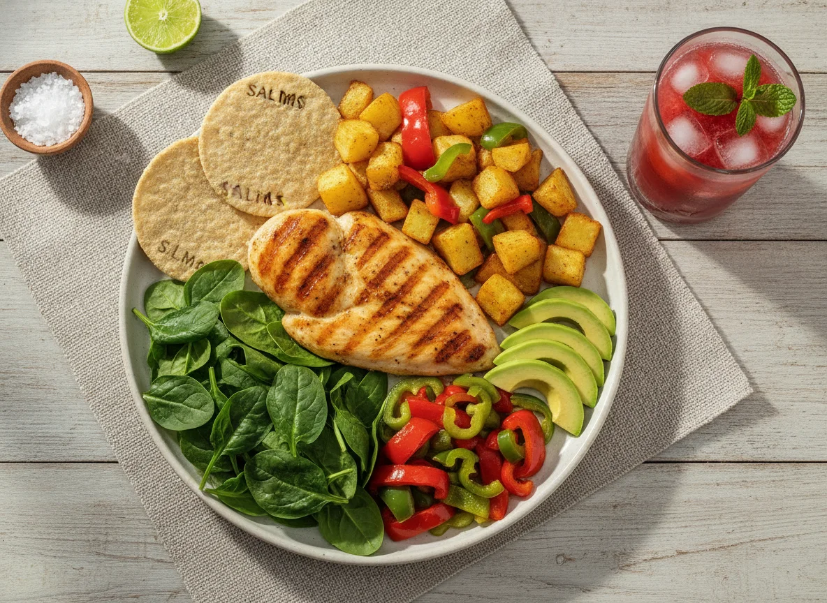 Pechuga de pollo con verduras, papas y ensalada photo