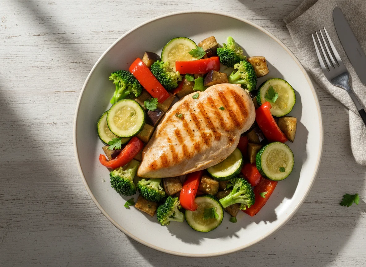 Pechuga de pollo con verduras salteadas y brócoli photo