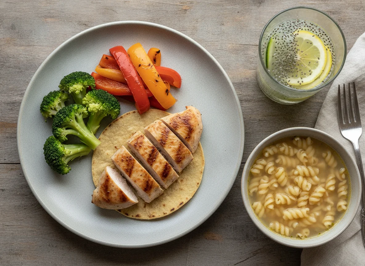 Pechuga de pollo con verduras, sopa de pasta y agua de pepino con chía photo