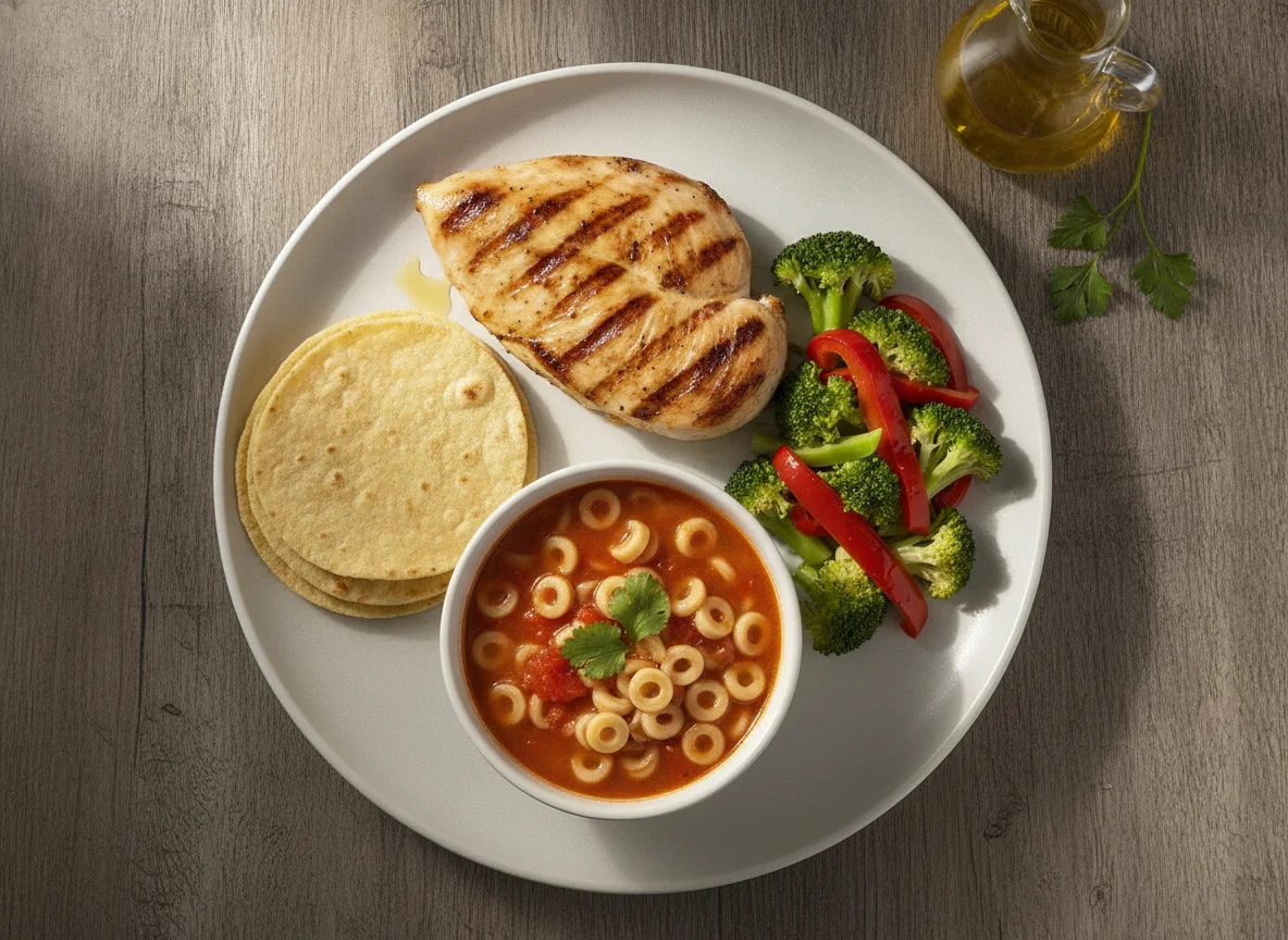 Pechuga de pollo con verduras, tortilla y sopa de pasta photo