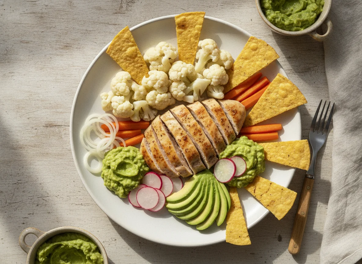 Pechuga de pollo con verduras y guacamole photo