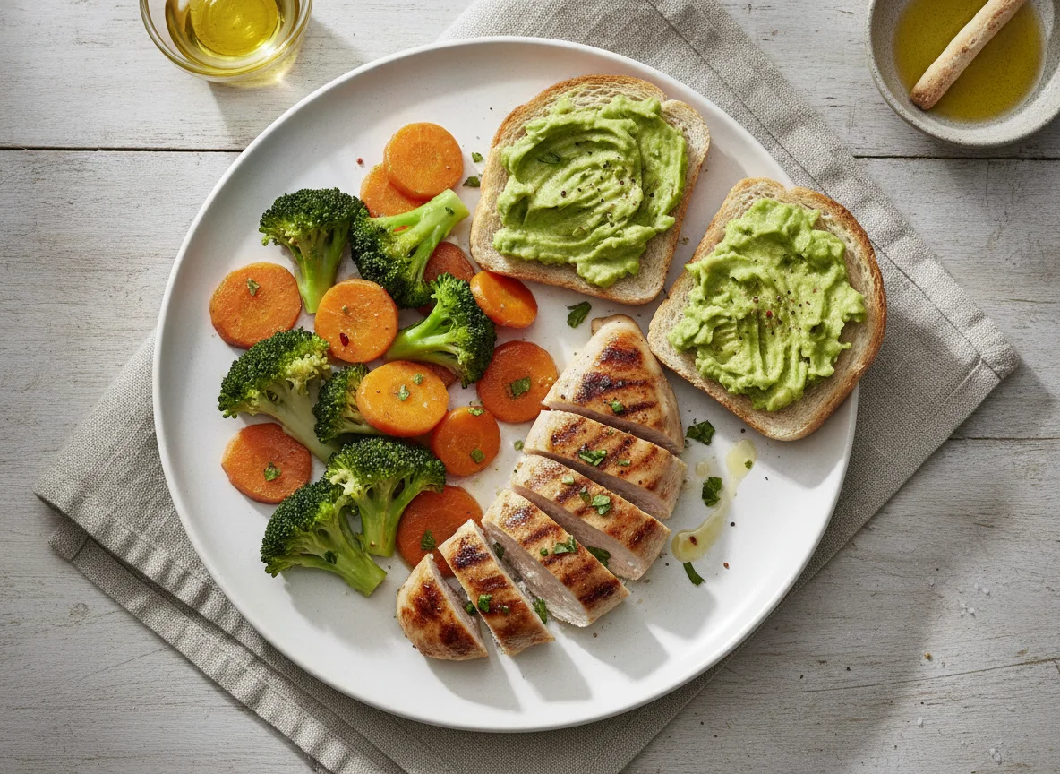 Pechuga de pollo con verduras y pan con aguacate photo