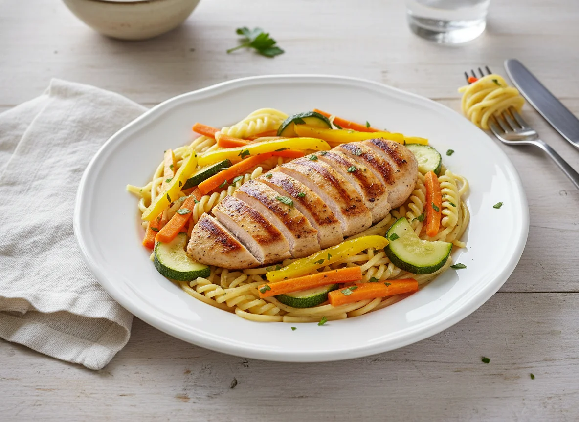 Pechuga de pollo con verduras y pasta photo