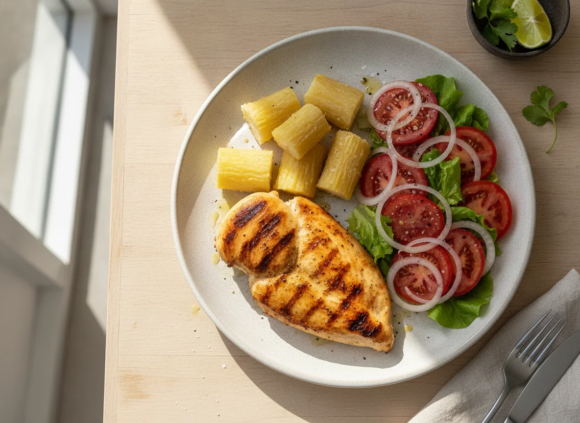 Pechuga de pollo con yuca y ensalada chilena photo