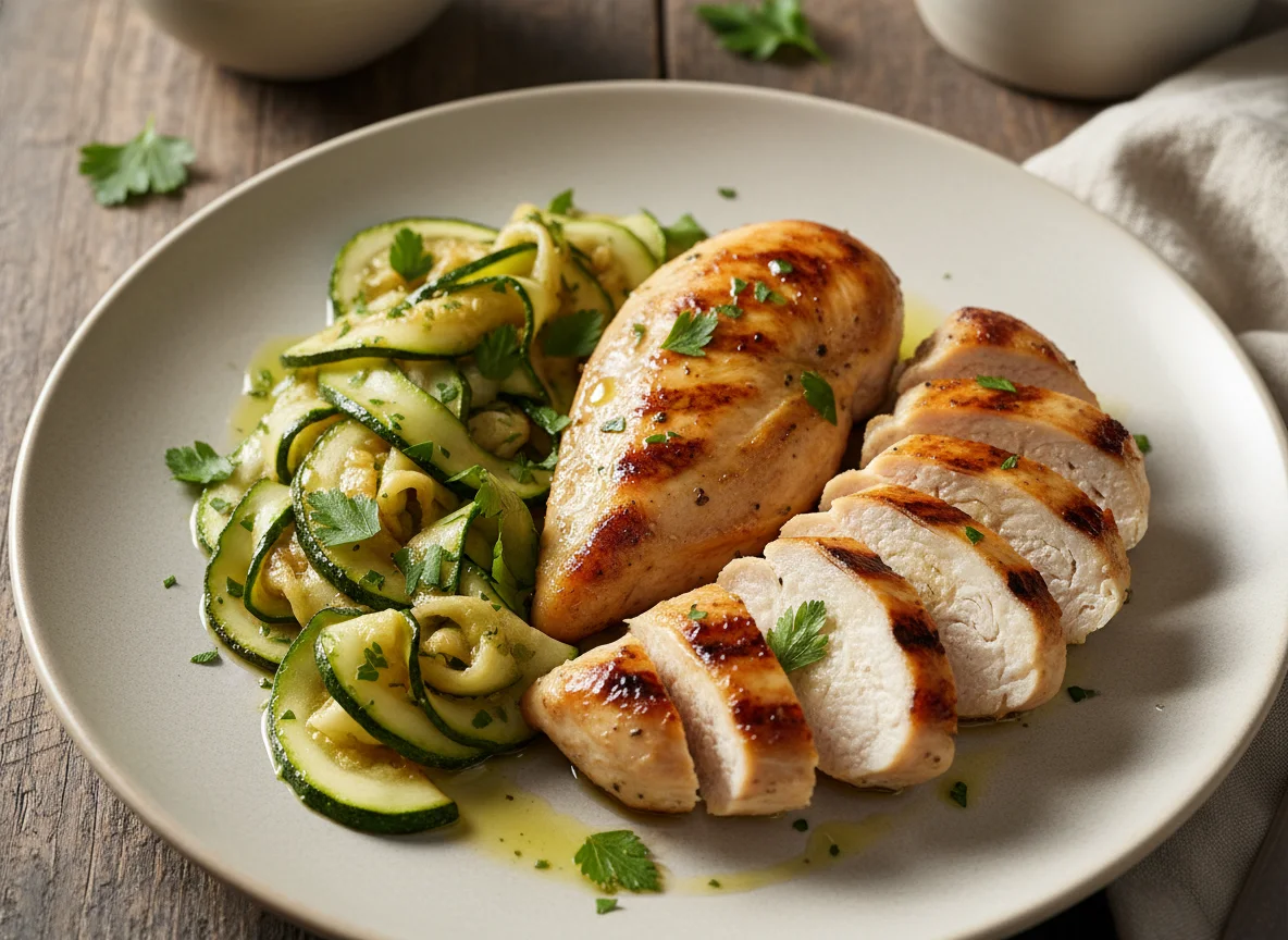 Pechuga de pollo con zapallo italiano salteado photo