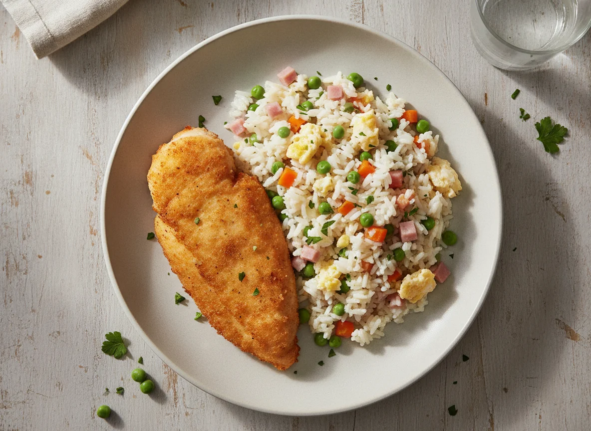 Pechuga de pollo empanada con arroz tres delicias photo
