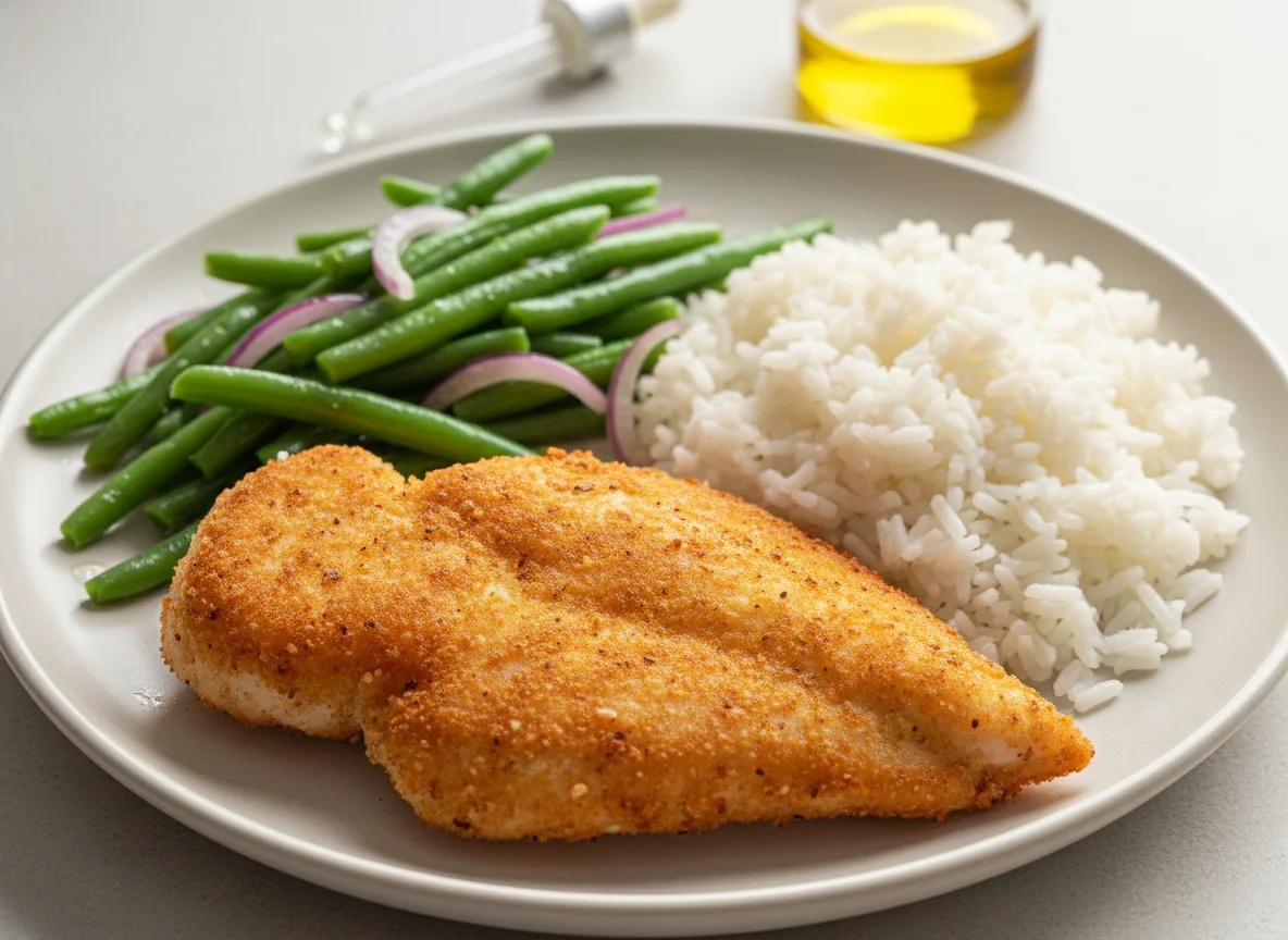 Pechuga de pollo empanada con arroz y judías verdes photo