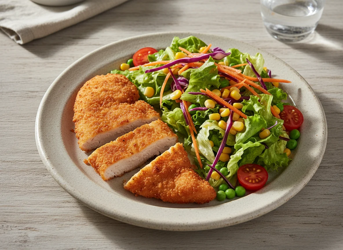 Pechuga de pollo empanada con ensalada mixta photo