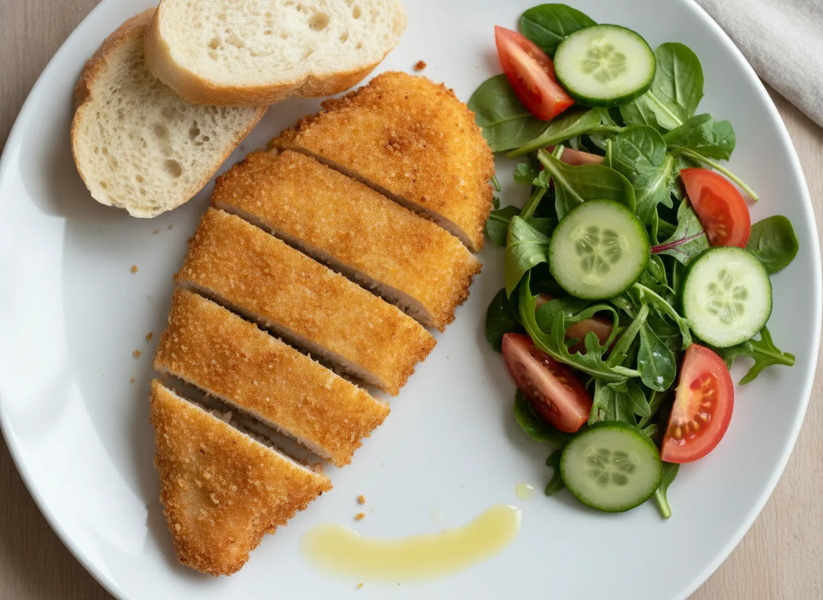 Pechuga de pollo empanada con ensalada mixta y pan photo