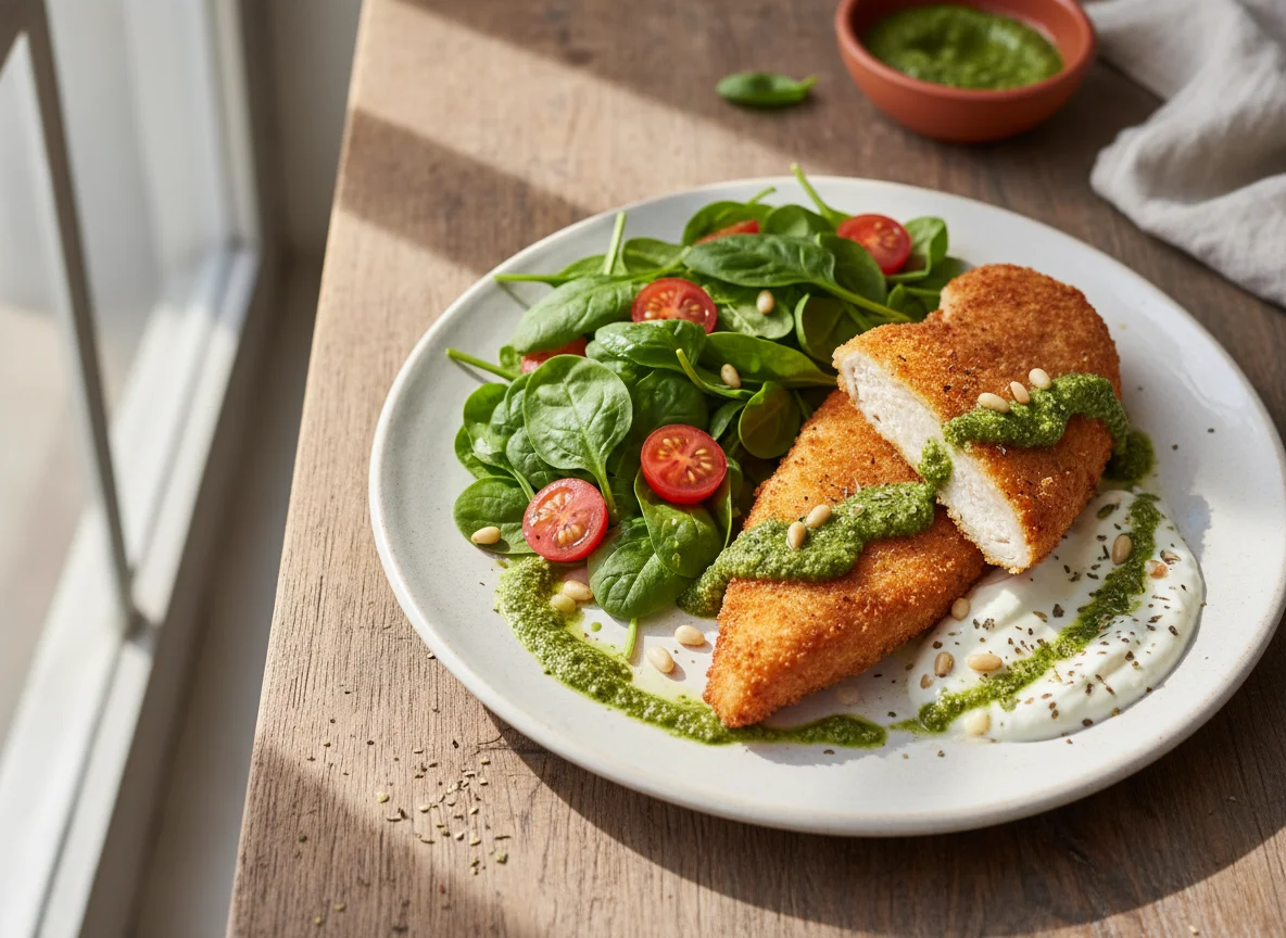 Pechuga de pollo empanada con ensalada y salsa photo
