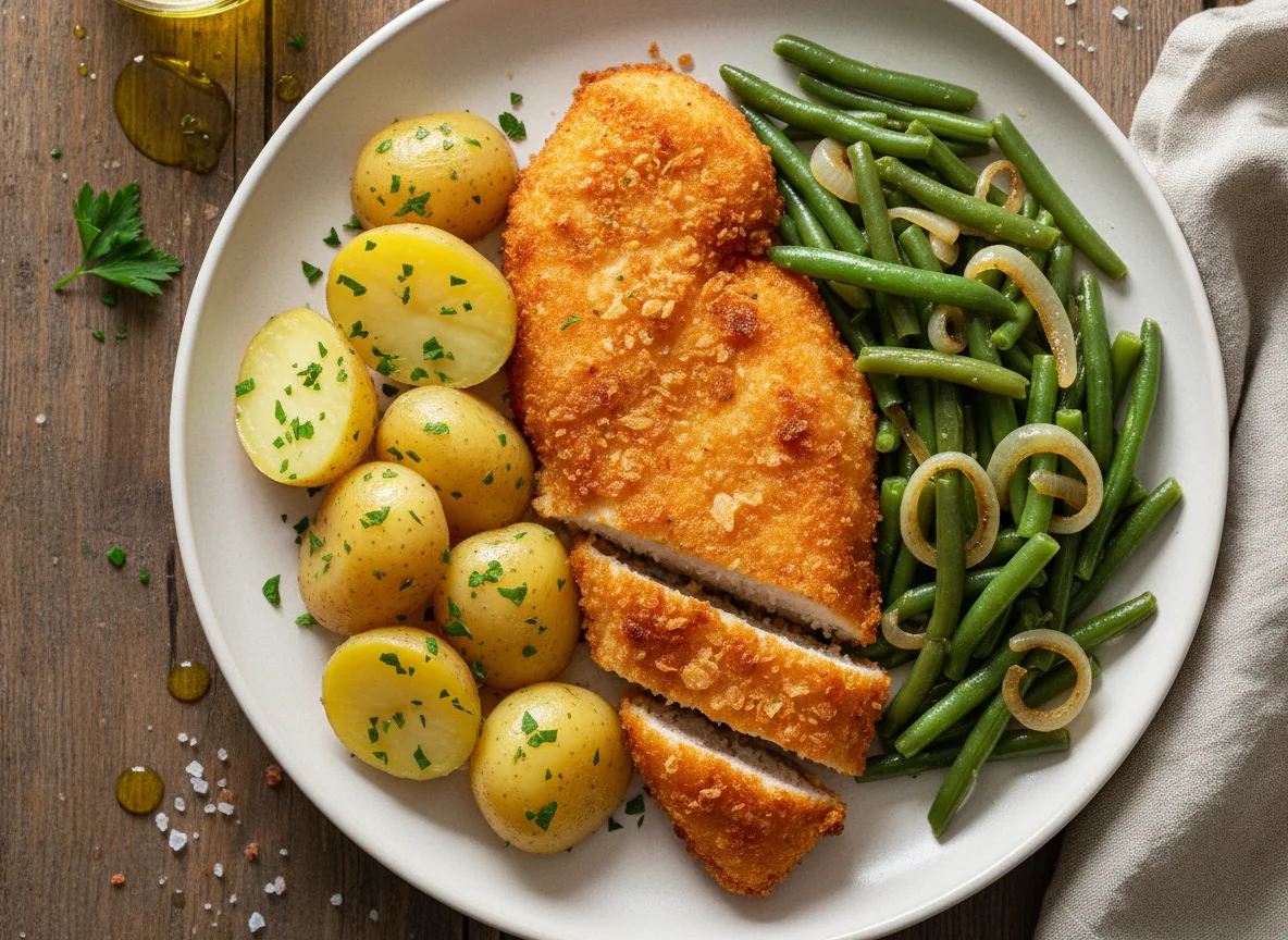Pechuga de pollo empanada con patatas y judías verdes photo