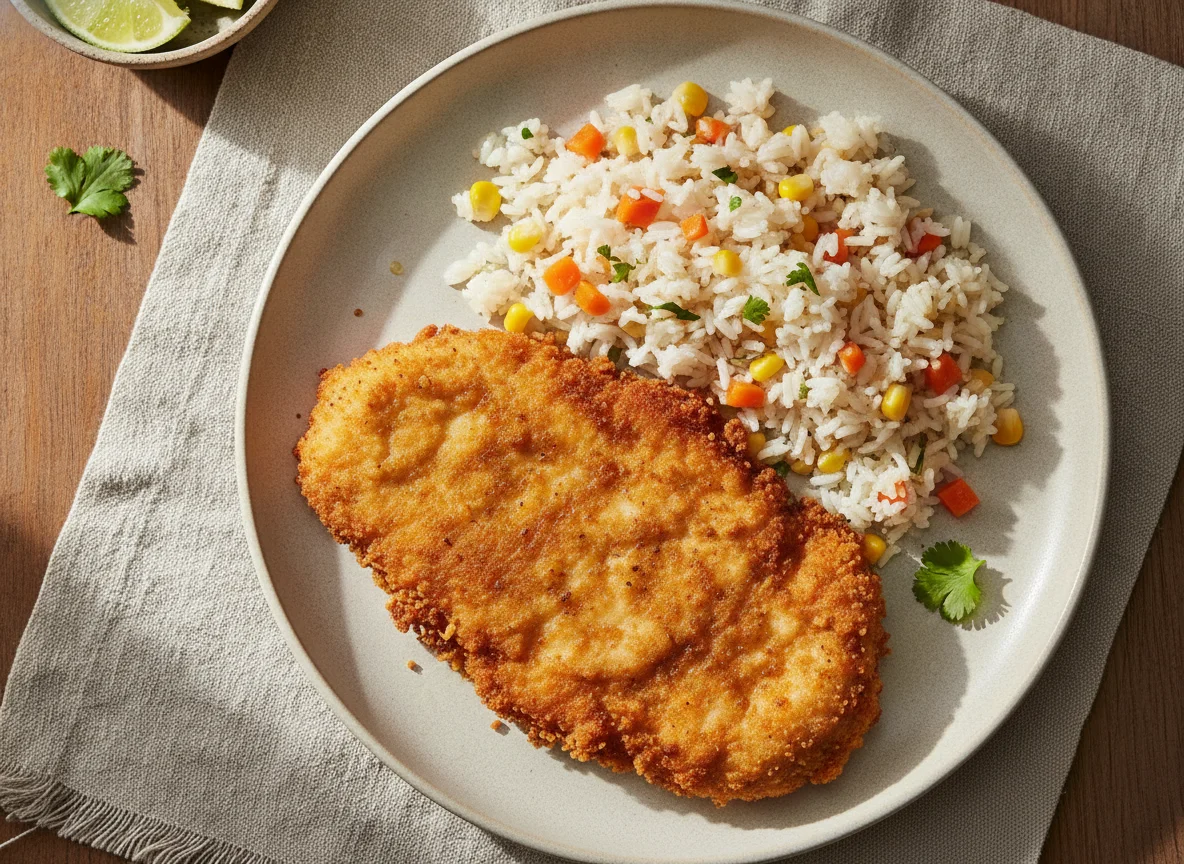 Pechuga de pollo empanizada con arroz a la jardinera photo