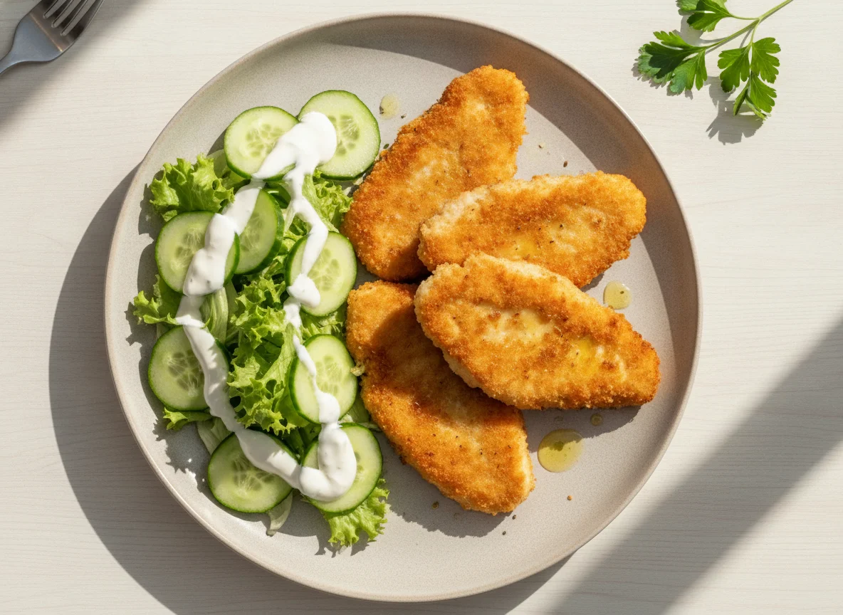 Pechuga de pollo empanizada con ensalada de pepino photo