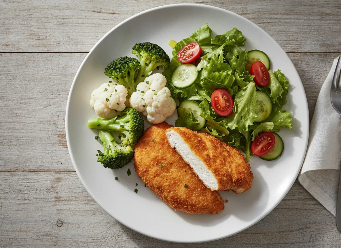 Pechuga de pollo empanizada con ensalada y verduras al vapor photo