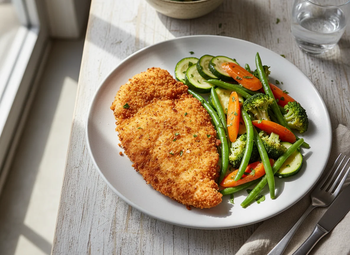 Pechuga de pollo empanizada con vegetales al vapor photo