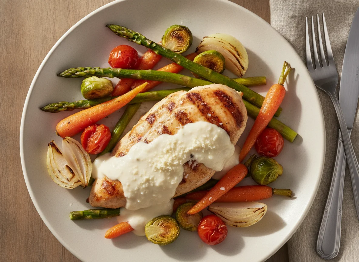 Pechuga de pollo en salsa blanca con vegetales asados photo