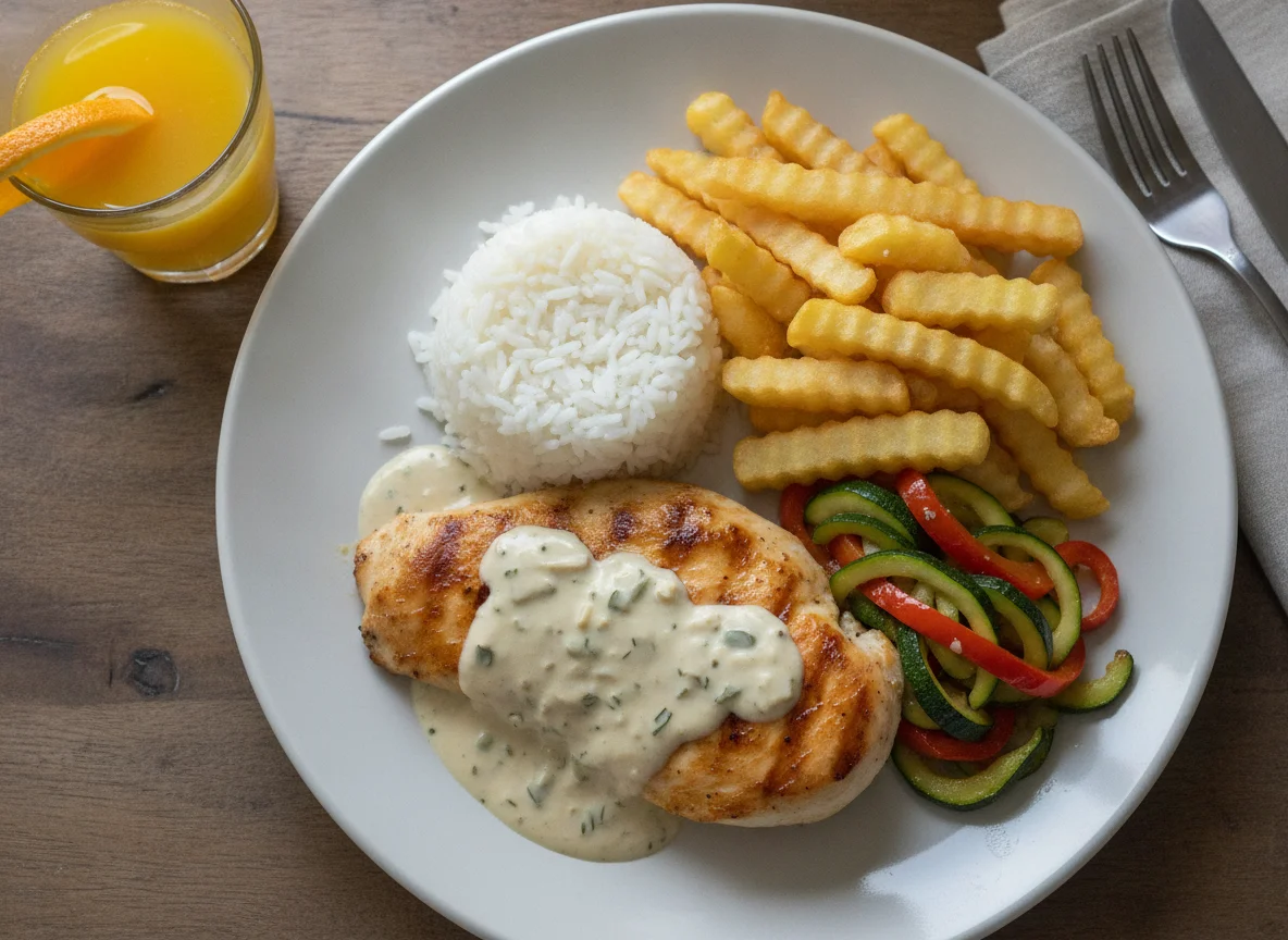Pechuga de pollo en salsa con arroz, papas fritas y vegetales salteados photo