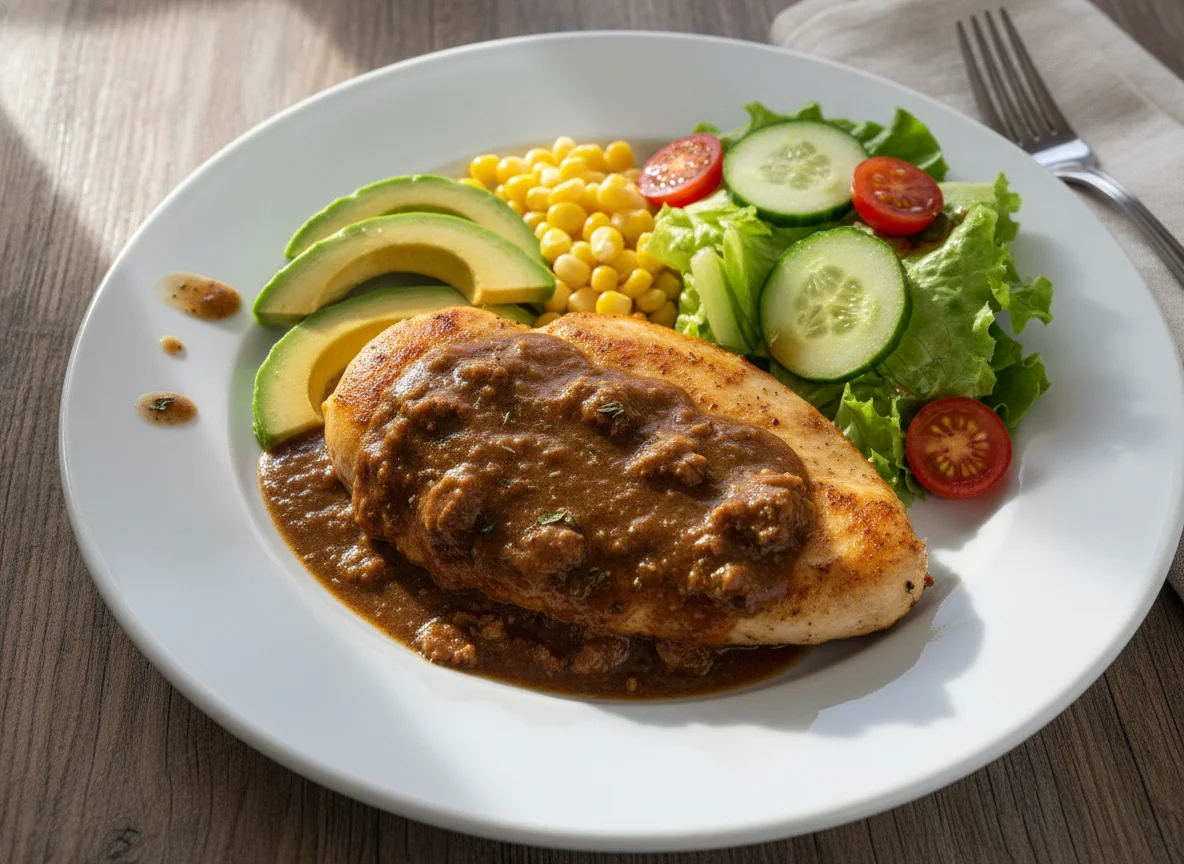 Pechuga de pollo en salsa con ensalada y aguacate photo