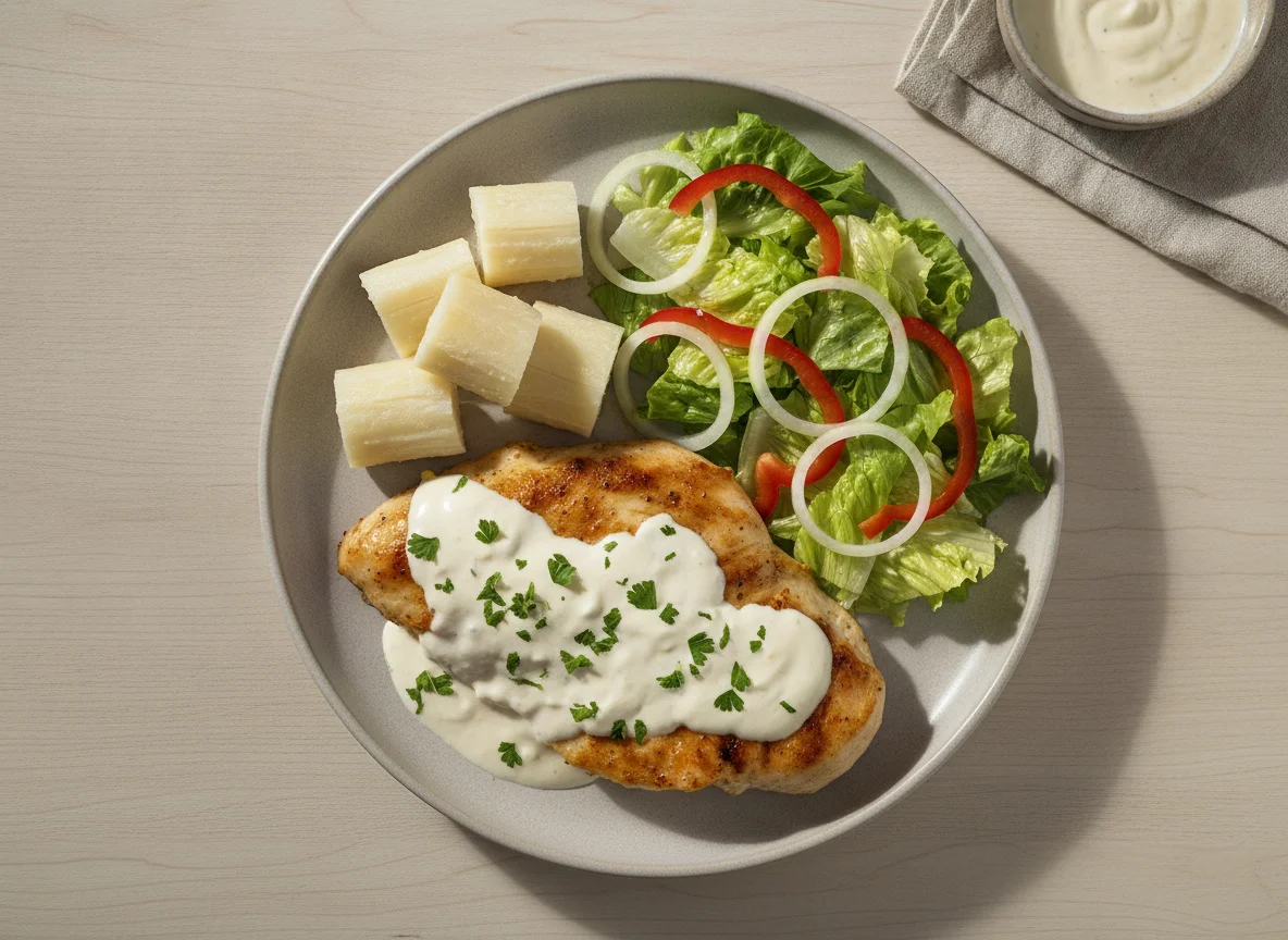 Pechuga de pollo en salsa con ensalada y yuca photo