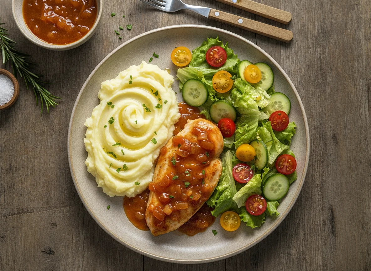 Pechuga de pollo en salsa con puré de papa y ensalada photo