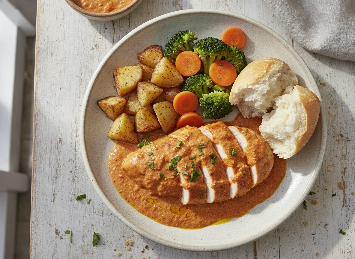 Pechuga de pollo en salsa con verduras y pan photo