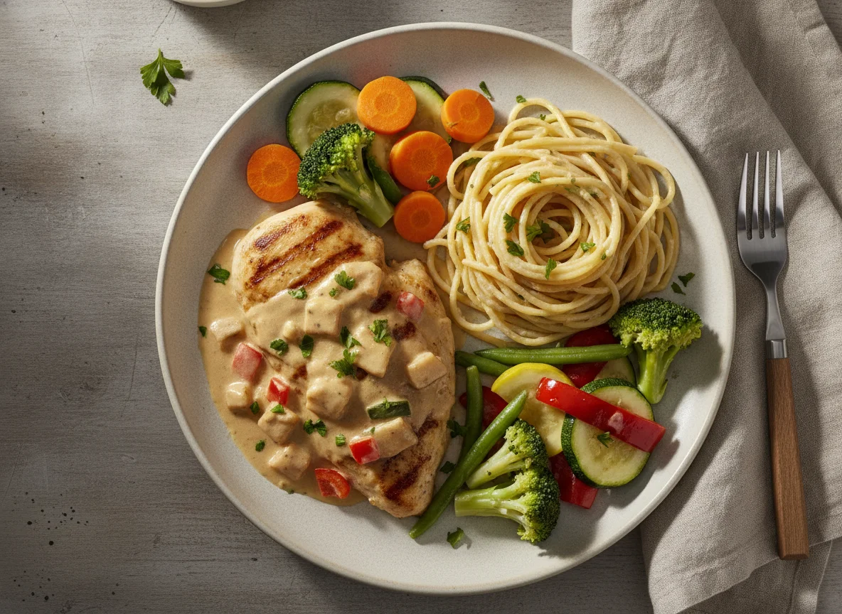 Pechuga de pollo en salsa de crema con verduras y pasta photo