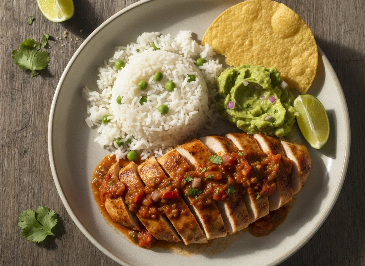 Pechuga de pollo en salsa roja con arroz y guacamole photo
