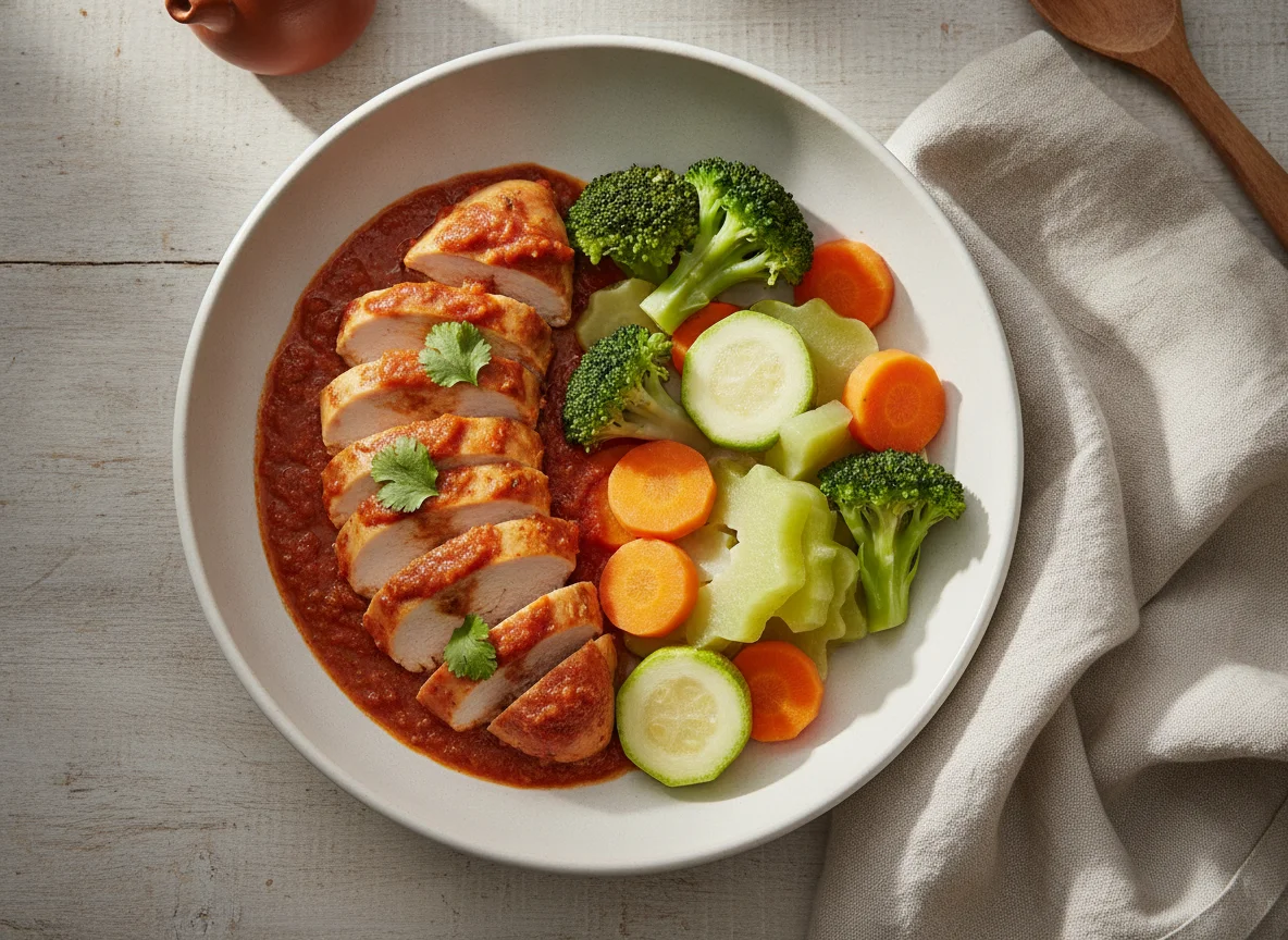 Pechuga de pollo en salsa roja con verduras al vapor photo