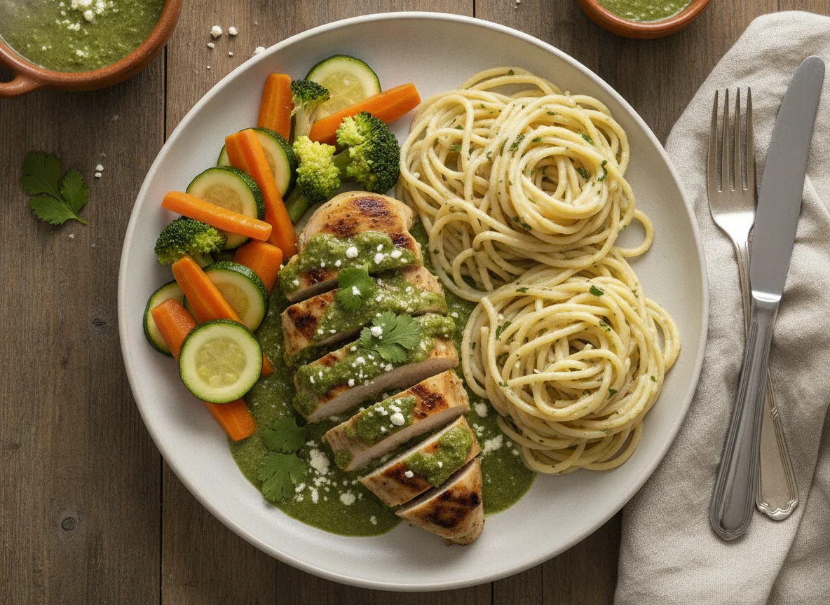 Pechuga de pollo en salsa verde con espagueti y verduras al vapor photo