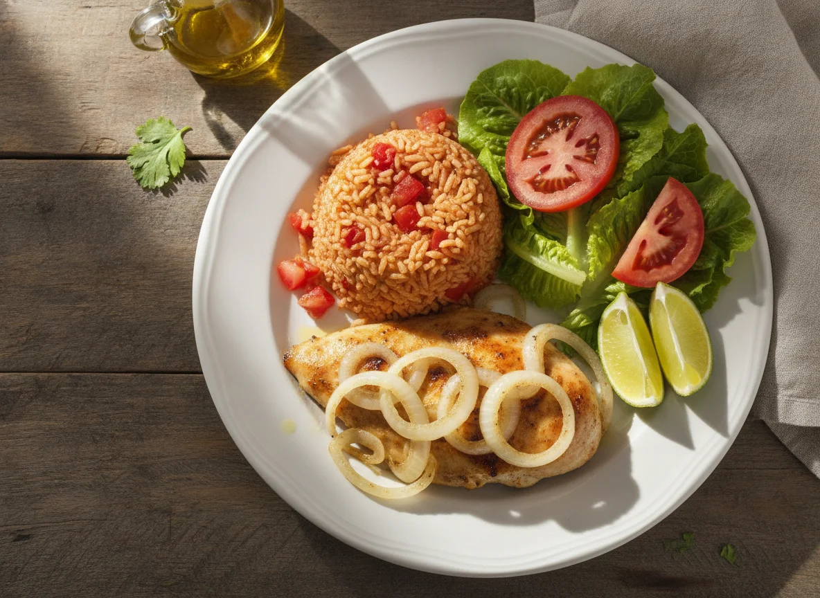 Pechuga de pollo encebollada con arroz rojo y ensalada photo