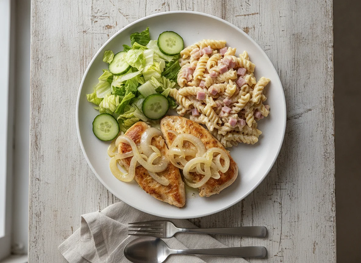 Pechuga de pollo encebollada con ensalada y pasta photo