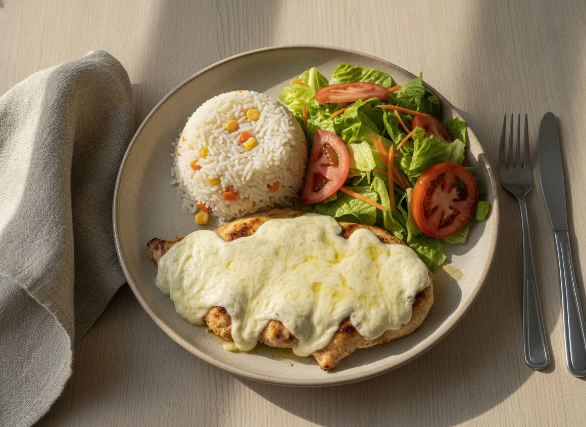 Pechuga de pollo gratinada con arroz y ensalada photo
