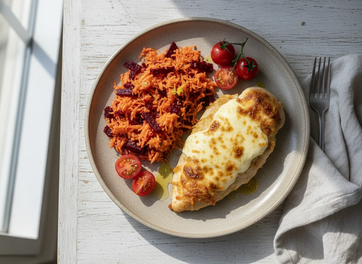 Pechuga de pollo gratinada con ensalada de zanahoria y remolacha photo