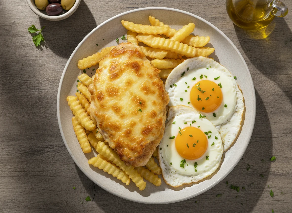 Pechuga de pollo gratinada con huevos fritos y patatas photo