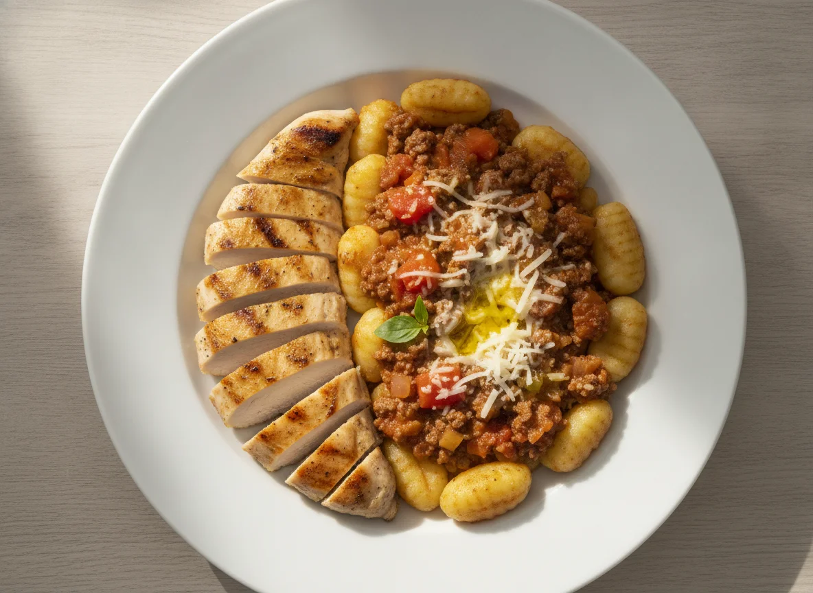 Pechuga de pollo marinada con gnocchi boloñesa y queso photo
