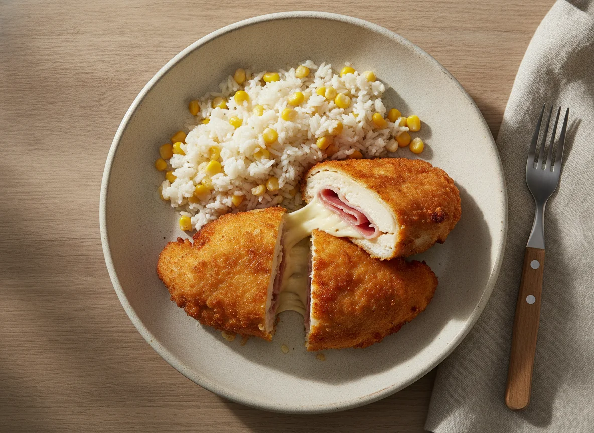 Pechuga de pollo rellena con arroz blanco y elote photo